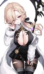1girl abpart absurdres bad_id bad_twitter_id bare_shoulders black_bridal_gauntlets black_dress blonde_hair breasts bridal_gauntlets coat commentary coronis_(stella_sora) cowboy_shot dress grey_eyes hand_up heterochromia highres holding holding_scythe large_breasts leaning_forward light_blush long_hair looking_at_viewer pantyhose parted_lips purple_eyes scythe simple_background solo stella_sora thighband_pantyhose torn_clothes torn_pantyhose white_background white_coat