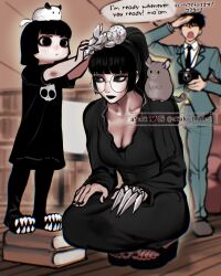 3girls abysse_(ayaki_blade) animal animal_on_head animal_on_shoulder aqua_suit artist_name ayaki_blade bilingual_text black_dress black_eyes black_eyeshadow black_hair black_nails black_necktie blunt_bangs bob_cut book book_stack breasts camera child chinchilla_(animal) claws cleavage closed_eyes commentary dress dslr english_commentary english_text engrish_text eyeshadow formal_clothes glasses goth_fashion highres large_breasts makeup mixed-language_commentary mixed-language_text multiple_girls nail_polish necktie on_head origami original ponytail ranguage round_eyewear salute sandals siblings sisters squatting suit sylense_(ayaki_blade) toenail_polish toenails tomoka_(ayaki_blade) twitter_username v-shaped_eyebrows watermark
