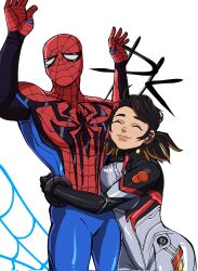 1boy 1girl black_hair bodysuit friends highres hug marvel marvel_rivals pencilkami peni_parker peter_parker silk smile spider-man spider-man_(series) spider_web superhero_costume