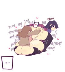 Rule 34 | ..., 1boy, 1futa, 1girl, absurdres, anal, anilingus, anus, ass, black hair, brown hair, clothed sex, clothes, english text, futa with male, futanari, grabbing another&#039;s ass, grabbing from behind, groping, heart, highres, huge ass, komi-san wa komyushou desu, komi shouko, long hair, osana najimi (komi-san wa komyushou desu), pixzapix, school uniform, sex, sex from behind, simple background, speech bubble, thighhighs, white background, yamai ren