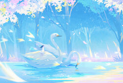 1girl animal artist_name bird black_hair dress huhv. long_hair nature original outdoors riding scenery swan tree water white_bird white_dress wide_shot