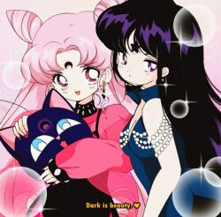 1990s_(style) 2girls bad_id bad_twitter_id bare_arms bare_shoulders bishoujo_senshi_sailor_moon black_choker black_dress black_hair black_lady_(sailor_moon) blue_dress breasts bright_pupils bubble choker cleavage collared_dress commentary cone_hair_bun cowboy_shot crescent crescent_facial_mark dot_nose double_bun dress earrings english_commentary english_text expressionless eyelashes facial_mark fake_screenshot faux_retro_artstyle forehead_mark hair_bun happy high_collar holding holding_stuffed_toy honeymoonpetal jewelry light_blush light_frown long_hair long_sleeves looking_at_viewer luna_(sailor_moon) mistress_9 multiple_girls nail_polish official_style open_mouth pale_skin parted_bangs pinafore_dress pink_background pink_eyes pink_hair pink_shirt puffy_long_sleeves puffy_sleeves purple_eyes red_nails retro_artstyle shirt sleeveless sleeveless_dress sleeves_past_wrists smile spaghetti_strap sparkle standing star_(symbol) star_facial_mark studded_choker stuffed_animal stuffed_cat stuffed_toy tareme twintails very_long_hair white_pupils