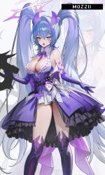 1girl absurdres artist_name bare_shoulders between_breasts blue_hair blush bow breasts cleavage dress dress_bow elbow_gloves gloves hair_between_eyes hair_ornament halo high-low_dress highres holding holding_weapon horns large_breasts long_hair looking_ahead mozzi_(mo22ii) open_mouth original purple_dress purple_eyes purple_gloves purple_halo purple_horns purple_thighhighs simple_background solo spiked_halo thighhighs thighs twintails two-tone_dress very_long_hair weapon white_background x_hair_ornament zoom_layer