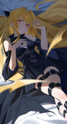 1girl absurdres belt black_dress blonde_hair blush breasts dress highres konjiki_no_yami long_hair lying medium_breasts on_back prehensile_hair red_eyes thigh_belt thigh_strap to_love-ru very_long_hair wako_(1194433260)