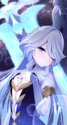 1girl ahoge blue_eyes blue_hair blue_nails blue_pupils c_nepher commentary_request dress drop-shaped_pupils furina_(genshin_impact) genshin_impact gradient_clothes gradient_dress highres long_hair multicolored_hair one_eye_closed solo streaked_hair sword symbol-shaped_pupils weapon
