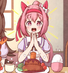 2girls :d animal_ears bow bowl brown_hair carrot_hamburger_steak chair commentary_request cup ear_bow hairband haru_urara_(umamusume) highres horse_ears indoors long_hair multiple_girls open_mouth own_hands_together palms_together pink_hair plate ponytail puffy_short_sleeves puffy_sleeves purple_eyes purple_shirt rakugakiraid red_hairband rice rice_bowl rice_shower_(umamusume) school_uniform shirt short_sleeves sitting smile solo_focus table tracen_school_uniform umamusume white_bow window