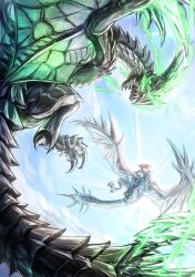 astalos dragon electricity electrokinesis flying glowing glowing_eyes gomikerasu green_eyes green_lightning highres horns monster monster_focus monster_hunter_(series) no_humans open_mouth rathalos sharp_teeth single_horn sky spiked_tail spiked_wings spikes tail talons teeth wyvern