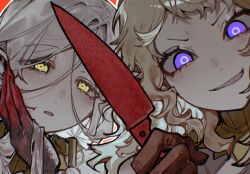 1boy 1girl bags_under_eyes blonde_hair blood blood_in_hair blood_on_hands close-up dungeon_meshi elf fleki gloves gorget green_eyes grey_hair grin hair_around_ear hair_tubes highres holding holding_knife knife long_hair low_twintails lycion nova_1810 pointy_ears purple_eyes smile twintails