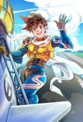 1girl aircraft airplane airport belt blue_sky blush brown_eyes brown_hair climbing climbing_ladder cloud facing_viewer freckles glasses glasses_on_head gloves happy ladder looking_at_viewer matching_hair/eyes open_mouth outdoors overwatch overwatch_(logo) overwatch_1 pants pilot pilot_suit pilot_uniform scarf short_hair sky smile sparklenaut spiked_hair standing sunglasses sunglasses_on_head teeth tongue tracer_(overwatch) waving