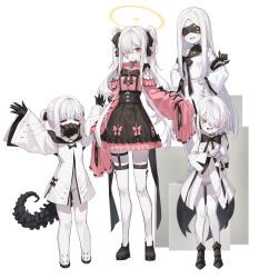 4girls absurdres arms_up bandaid bandaid_on_cheek bandaid_on_face black_mask black_ribbon black_shoes black_skirt black_tail blindfold blue_archive closed_eyes coat colored_skin ein_(blue_archive) facing_viewer frilled_skirt frills full_body hair_over_one_eye hair_ribbon halo highres jirai_kei kokukyukeo long_hair long_sleeves looking_at_viewer malkuth_(blue_archive) mask mechanical_hands mechanical_tail miniskirt multiple_girls ohr_(blue_archive) one_eye_covered open_mouth respirator ribbon shoes short_hair skirt sleeves_past_fingers sleeves_past_wrists smile sof_(blue_archive) standing symbol-shaped_pupils tail thigh_strap twintails very_long_hair white_background white_coat white_hair white_skin wide_sleeves x-shaped_pupils yellow_eyes yellow_halo
