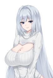 1girl absurdres blue_eyes breast_tattoo breasts cleavage cleavage_cutout closed_mouth clothing_cutout crimecrime ethel_(xenoblade) grey_hair highres large_breasts long_hair looking_at_viewer meme_attire open-chest_sweater ribbed_sweater simple_background solo sweater tattoo upper_body very_long_hair white_background xenoblade_chronicles_(series) xenoblade_chronicles_3