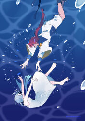 2girls absurdres air_bubble asticassia_school_uniform barefoot black_boots blue_eyes boots bubble commentary_request dress grey_hair gundam gundam_suisei_no_majo highres jacket kusattatofu long_hair miorine_rembran multiple_girls open_mouth outstretched_arms ponytail red_hair school_uniform shorts suletta_mercury thick_eyebrows toes underwater water white_dress white_jacket white_shorts
