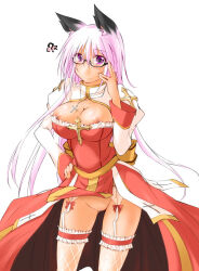 1girl ? adjusting_clothes animal_ears arch_bishop_(ragnarok_online) blush breasts cat_ears cat_girl cleavage cleavage_cutout closed_mouth clothes_lift clothing_cutout commentary_request cowboy_shot cross cross_necklace dress fishnet_thighhighs fishnets frilled_thighhighs frills glasses gluteal_fold jewelry juliet_sleeves kaminagi_(kaminagi-tei) large_breasts long_hair long_sleeves looking_at_viewer necklace nipple_slip nipples no_panties pelvic_curtain pelvic_curtain_lift pink_hair puffy_sleeves purple_eyes pussy ragnarok_online red_dress sash semi-rimless_eyewear simple_background smile solo spoken_question_mark thighhighs two-tone_dress uncensored under-rim_eyewear very_long_hair white_background white_dress white_thighhighs wind wind_lift yellow_sash