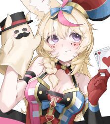 1girl 9tk9m animal_ears black_hair blonde_hair blue_bow bow breasts card closed_mouth commentary facial_mark fox_ears fox_girl gloves hand_puppet hashtag-only_commentary hat heart heart_facial_mark highres holding holding_card hololive jester_cap mark_under_eye medium_breasts multicolored_hair omaru_polka omaru_polka_(1st_costume) pink_hair playing_card poker puppet purple_eyes red_bow red_gloves revision simple_background solo spade_(shape) spade_facial_mark streaked_hair top_hat virtual_youtuber white_background x x_facial_mark zain_(omaru_polka)