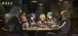 1boy 5girls apron bare_shoulders black_dress black_gloves black_jacket blonde_hair blue_eyes blue_hair braid braided_bangs brown_hair cake chair cloak coat colored_inner_hair copyright_name copyright_notice cup ding_(vessel) dress drinking_glass elbow_on_table elbow_rest food gloves grey_coat grey_pants hair_ornament han_zhang_(reverse:1999) hand_on_own_cheek hand_on_own_face hand_up hanging_light head_rest highres hissabeth holding holding_cup indoors jacket kiperina logo long_hair looking_at_animal looking_at_another looking_down multicolored_hair multiple_girls name_day_(reverse:1999) neckerchief newt official_art official_wallpaper pants plate pointer_(reverse:1999) pointing profile purple_eyes red_cloak red_neckerchief restaurant reverse:1999 round_table salamander scarf school_uniform short_hair silver_dress sitting snake snake_on_head soviet_school_uniform star_(symbol) star_hair_ornament sweater table teacup upper_body very_long_hair voyager_(reverse:1999) wavy_hair white_apron white_coat white_hair white_jacket white_sweater window windsong_(reverse:1999) yellow_scarf