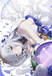Rule 34 | 1girl, absurdres, adina savic, adina savic (eternal bow), bare shoulders, black survival, blue eyes, blush, breasts, cleavage, commentary, crystal ball, dress, elbow gloves, english commentary, eternal return: black survival, flower, gloves, headpiece, highres, jeon (user ywaw3774), looking at viewer, lying, medium breasts, official alternate costume, on ground, on side, petals, purple flower, purple ribbon, purple rose, ribbon, rose, smile, solo, veil, white dress, white flower, white gloves, white hair, white rose, white veil