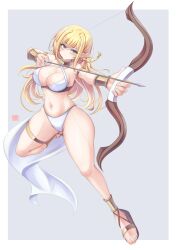 Rule 34 | 1girl, absurdres, aiming, anklet, arrow (projectile), barefoot, bikini, blonde hair, blue eyes, bow (weapon), bracer, braid, breasts, cape, cleavage, closed mouth, curvy, elf, gold bracer, grey background, highleg, highres, holding, holding bow (weapon), holding weapon, jewelry, large breasts, navel, original, pointy ears, sandals, sidelocks, simple background, solo, swimsuit, thigh strap, thighs, toes, tong shui, weapon, white bikini, white cape