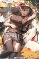 Rule 34 | 1girl, armpits, artist name, bag, belt buckle, bilibili logo, black panties, black thighhighs, blush, book, bracelet, braid, breasts, brown hair, brown sweater vest, buckle, clothes lift, commentary, couch, feet out of frame, flower, glint, hair ornament, hairclip, highres, holding, holding flower, huahua haya, indie virtual youtuber, jewelry, large breasts, long hair, looking at viewer, lying, miniskirt, mole, mole under mouth, necklace, on back, on couch, panties, pantyshot, parted lips, pencil, pencil skirt, petals, pixiv logo, plaid clothes, plaid skirt, pointy ears, purple eyes, red flower, red petals, red rose, rose, rose petals, shirt lift, side slit, sideboob, skirt, solo, sweat, sweater vest, teeth, thighhighs, thighhighs pull, twitter x logo, underwear, upper teeth only, virtual youtuber, watermark, weibo watermark, yuxing yuhang