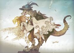 1boy 1girl angel_wings black_coat black_hat blonde_hair blue_eyes blue_flower blue_sky bowler_hat carrying closed_mouth cloud coat collared_coat crocodile_boy day demizu_posuka dress eyelashes feathered_wings flower frilled_sleeves frills furry furry_male furry_with_non-furry hat hat_feather hat_flower hetero highres interspecies lapels long_dress long_hair long_sleeves looking_at_another notched_lapels open_clothes open_coat open_mouth original outdoors petticoat pleated_dress princess_carry reflective_floor sharp_teeth sky smile snout talons teeth white_dress white_wings wings