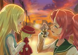 2girls absurdres blonde_hair blue_eyes city cloud cloudy_sky doll drill_hair eye_contact hanabishi_haruka highres holding holding_doll long_hair looking_at_another mahou_shoujo_ni_akogarete morino_korisu multiple_girls open_mouth outdoors pink_eyes pink_hair school_uniform sky smile sunset tetsuo0821 twin_drills twintails