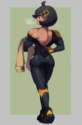 Rule 34 | 1girl, absurdres, ass, back, back muscles, black bodysuit, black gloves, black hair, bodysuit, brown jacket, closed mouth, coat, dark-skinned female, dark skin, emma (pokemon), flipped hair, from behind, gloves, hair between eyes, hair ornament, highres, jacket, juno son, looking to the side, muscular, muscular female, nintendo, partially unzipped, pokemon, pokemon legends: z-a, purple eyes, short hair, simple background, sweat, sweatdrop, two-tone gloves, undressing, unzipping, yellow gloves, zipper