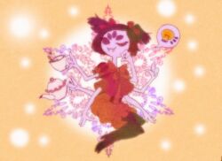 1girl arthropod_girl black_boots black_hair blurry boots bow bowtie closed_mouth colored_skin commentary_request cup extra_arms extra_eyes fangs fangs_out fewer_digits full_body hair_bow highres holding holding_cup holding_teapot insect_girl light_bulb monster_girl muffet notice_lines one_eye_closed pants puffy_pants puffy_short_sleeves puffy_sleeves purple_skin red_bow red_pants red_shirt shirt short_hair short_sleeves simple_background sitting smile spider_girl spoken_light_bulb takenokonoko teacup teapot thigh_boots two_side_up undertale yellow_background
