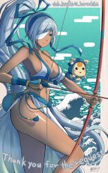 1girl arrow_(projectile) bikini blue_eyes blue_gloves bow_(weapon) breasts cleavage closed_mouth commentary commission dark-skinned_female dark_skin english_commentary eyepatch gloves highleg highleg_bikini highres holding holding_arrow holding_bow_(weapon) holding_weapon long_hair majikina_mina mariebell medium_breasts navel partially_fingerless_gloves ponytail samurai_spirits single_glove skeb_commission solo stomach swimsuit very_long_hair water waves weapon white_bikini white_hair yumi_(bow)