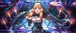 1girl arm_up black_dress black_feathers black_veil blonde_hair blue_eyes blue_flower blunt_bangs breasts candle candlestand cecily_(konosuba) church cleavage cleavage_cutout clothing_cutout cross cross_necklace crowd dress falling_feathers feathers flower from_above game_cg hair_tie hand_on_own_chest highres indoors jewelry juliet_sleeves kono_subarashii_sekai_ni_shukufuku_wo! konosuba!_fantastic_days large_breasts latin_cross light_blush long_dress long_hair long_sleeves looking_up low-tied_sidelocks necklace official_alternate_costume official_art open_mouth praying puffy_sleeves shade side_slit sidelocks solo_focus spotlight standing tight_clothes tight_dress veil