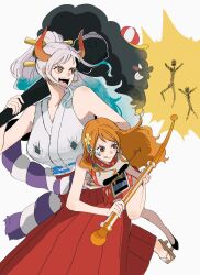 Rule 34 | 2girls, 2others, :q, armor, bare legs, bare shoulders, blue hair, breasts, carrying, carrying person, carrying under arm, clima-tact, cloud, commentary request, earrings, electricity, electrocution, flower, hair flower, hair ornament, hakama, hakama pants, hat, high ponytail, highres, holding, holding staff, holding weapon, hoop earrings, horns, japanese armor, japanese clothes, jewelry, kimono, large breasts, long hair, looking back, mini hat, multicolored hair, multiple girls, multiple others, nami (one piece), nami (one piece) (onigashima), official alternate costume, omaruya, one piece, open mouth, orange hair, pants, ponytail, red hakama, red kimono, rope, short kimono, sidelocks, sleeveless, sleeveless kimono, staff, tall female, tongue, tongue out, two-tone hair, wavy hair, weapon, white hair, yamato (one piece), zeus (one piece)