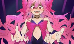 1girl bare_shoulders black_choker border bow choker dead_apostle_noel_(tsukihime) facing_viewer fang hair_between_eyes hair_bow highres long_hair noel_(tsukihime) open_mouth pink_bow pink_hair s67569077 simple_background skin_fang solo tsukihime tsukihime_(remake) upper_body vampire