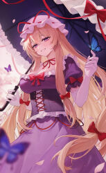 1girl absurdres blonde_hair blue_butterfly bow breasts bug butterfly butterfly_on_hand choker cleavage commentary corset cowboy_shot dress dress_bow elbow_gloves frilled_dress frills gloves grin hands_up hat hat_ribbon highres holding holding_umbrella insect ku_qiao_kujo long_hair looking_at_viewer mob_cap parasol parted_lips pink_eyes puffy_short_sleeves puffy_sleeves purple_dress red_bow red_ribbon ribbon ribbon_choker short_sleeves sleeve_bow smile solo touhou umbrella very_long_hair white_gloves white_hat yakumo_yukari