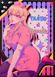 Rule 34 | 1girl, absurdres, black pantyhose, blonde hair, character name, hat, high heels, highres, holding, holding syringe, long hair, noakontora, nurse, nurse cap, open mouth, pantyhose, pink hat, purple eyes, red shoes, sentai daishikkaku, shoes, short sleeves, sitting, solo, suzukiri yumeko, syringe