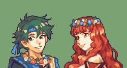 Rule 34 | 1boy, 1girl, alm (fire emblem), alm (valentine) (fire emblem), bandana, celica (fire emblem), celica (valentine) (fire emblem), couple, fire emblem, fire emblem echoes: shadows of valentia, fire emblem heroes, flower, flower necklace, glaceo, green eyes, green hair, happy valentine, head wreath, hetero, jewelry, long hair, necklace, nintendo, official alternate costume, pixel art, prince, princess, red eyes, red hair, short hair, valentine