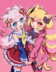 Rule 34 | 2girls, absurdres, animal ears, bell, blonde hair, blue eyes, cat ears, cat girl, cat tail, commentary, commission, drill hair, fox ears, fox girl, fox tail, hair bell, hair ornament, hair ribbon, highres, holding hands, howan (show by rock!!), jacket, jingle bell, long hair, looking at viewer, mashima himeko (show by rock!!), multicolored hair, multiple girls, open clothes, open jacket, open mouth, pink background, pink hair, pink jacket, pink theme, pixiv commission, red ribbon, red skirt, ribbon, shirt, short hair, show by rock!!, signature, simple background, skirt, smile, standing, suzu i, symbol-only commentary, tail, twin drills, twintails, two-tone hair, very long hair, white shirt