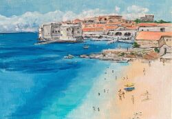 Rule 34 | 6+others, beach, blue sky, boat, building, city, cloud, day, harbor, highres, momo7rosemary, multiple others, original, shore, sky, traditional media, water, watercraft
