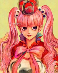 1girl black_eyes blunt_bangs bow bowtie capelet crown hair_ribbon highres lower_eyelashes_only one_piece perona pink_bow ribbon simple_background smile solo tongue tongue_out tsuyomaru twintails upper_body