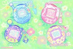 alien bottle cake cake_slice charm_(object) colorful commentary dolphin english_commentary flower food grass heart heisei_retro highres hue_shifting milk_bottle neogeopet no_humans object_focus original rainbow star_(symbol) tamagotchi tamagotchi_(virtual_pet) tamagotchi_connection virtual_pet_(toy) yume_kawaii