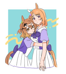 Rule 34 | 2girls, absurdres, animal ears, back bow, blonde hair, bow, bowtie, braid, brown hair, brown tail, cropped legs, ear ornament, frilled skirt, frills, gradient eyes, hair between eyes, hair ornament, half up half down braid, head on chest, heads together, highres, horse ears, horse girl, horse tail, hug, jungle pocket (umamusume), lita (lita1210), multicolored eyes, multiple girls, narita top road (umamusume), orange eyes, pleated skirt, puffy short sleeves, puffy sleeves, purple bow, purple bowtie, purple eyes, purple shirt, sailor collar, sailor shirt, school uniform, shirt, short hair, short sleeves, skirt, summer uniform, tail, tracen school uniform, umamusume, white sailor collar, white skirt
