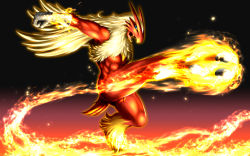 blaziken blue_eyes fire flaming_hand furry gen_3_pokemon kicking muscular ninja-fiction nintendo open_mouth pokemon pokemon_(creature) solo