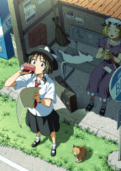 Rule 34 | 2girls, black hair, black hat, black skirt, blonde hair, broom, can, cat, coca-cola, cola, dress, drinking, grass, hat, highres, holding, holding can, holding map, inuno rakugaki, map, maribel hearn, mob cap, multiple girls, outdoors, purple dress, shadow, shirt, short hair, sitting, skirt, summer, sweat, touhou, trash can, usami renko, white shirt