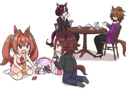 4girls absurdres aged_down agnes_tachyon_(umamusume) ahoge animal_ears brown_eyes brown_hair casual chipushishi commentary cup daiwa_scarlet_(umamusume) doll_house eyepatch hair_over_one_eye highres horse_ears horse_girl horse_tail long_hair medium_hair motor_vehicle motorcycle multicolored_hair multiple_girls red_eyes saucer sugar_cube tail tanino_gimlet_(umamusume) tea teacup tongs toy twintails two-tone_hair umamusume vodka_(umamusume)