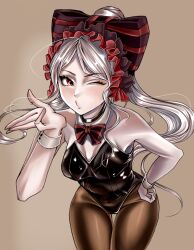 Rule 34 | 1girl, artist request, bare shoulders, black leotard, bow, bowtie, breasts, brown background, brown pantyhose, collar, cowboy shot, detached collar, eyelashes, female focus, grey hair, hair bow, hand on own hip, hand up, leaning forward, leotard, long hair, looking at viewer, one eye closed, outstretched hand, overlord (maruyama), pale skin, pantyhose, petite, playboy bunny, ponytail, purple bow, purple bowtie, red bow, red bowtie, red eyes, second-party source, shalltear bloodfallen, simple background, small breasts, solo, standing, strapless, strapless leotard, striped bow, striped bowtie, striped clothes, thigh gap, two-tone bow, two-tone bowtie, vampire, white collar, wrist cuffs