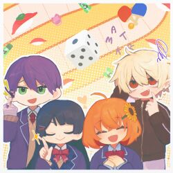 2boys 2girls :d ^_^ ahoge arm_behind_head arm_up bandaged_fingers bandaged_hand bandages black_hair black_jacket blazer bow brown_sweater censored censored_gesture closed_eyes collared_shirt dice ear_piercing earrings eyebrows_hidden_by_hair fang fish_(food) flower food green_eyes grey_pants hair_between_eyes hair_flower hair_ornament hairclip heart highres honma_himawari honma_himawari_(1st_costume) jacket jewelry kenmochi_touya kenmochi_touya_(1st_costume) kiduta_cielo kuzuha_(1st_costume)_(nijisanji) kuzuha_(nijisanji) middle_finger multiple_boys multiple_girls necktie nijisanji open_clothes open_jacket open_mouth orange_hair own_hands_together paddle pants piercing plaid_clothes plaid_necktie pointy_ears purple_hair purple_jacket red_bow red_eyes red_necktie sashimi school_uniform shirt smile sparkle sunflower sunflower_hair_ornament sweater sweatpants table_tennis_paddle track_jacket tsukino_mito tsukino_mito_(1st_costume) virtual_youtuber white_hair white_shirt yellow_flower
