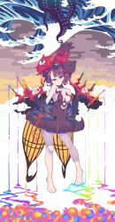 1girl :/ abstract_background bare_shoulders black_dress chinese_commentary circle_skirt closed_mouth cloud_background commentary_request contrapposto covered_navel dress dripping egasumi expressionless eyeball_hair_ornament fate/grand_order fate_(series) fine_art_parody full_body hands_up head_tilt highres holding holding_paintbrush impossible_clothes impossible_dress kanagawa_okinami_ura katsushika_hokusai_(fate) katsushika_hokusai_(third_ascension)_(fate) litamisu looking_at_viewer paintbrush parody purple_hair red_eyes revealing_clothes short_dress short_hair solo standing tentacles uneven_eyes w_arms waves wavy_hair