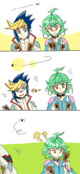 1boy 1girl ? ahoge anger_vein bad_id bad_pixiv_id blonde_hair blue_eyes blue_hair bug card chorogy comic colored_bangs fly green_hair highres insect jacket jumpsuit rin_(yu-gi-oh!) short_hair yellow_eyes yu-gi-oh! yu-gi-oh!_arc-v hugo_(yu-gi-oh!)