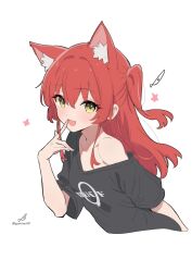 1girl animal_ear_fluff animal_ears artist_logo artist_name black_shirt blush bocchi_the_rock! cat_ears commentary extra_ears finger_to_mouth green_eyes highres index_finger_raised kemonomimi_mode kita_ikuyo logo long_hair looking_at_viewer minusk9 one_side_up open_mouth red_hair shirt simple_background single_bare_shoulder single_off_shoulder smile solo white_background