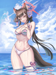 1girl absurdres animal_ears bare_arms bare_shoulders bikini blue_archive breasts chojja cleavage flower fox_ears fox_girl fox_tail hair_flower hair_ornament highres large_breasts long_hair looking_at_viewer navel ocean official_alternate_costume official_alternate_hairstyle ponytail purple_bikini purple_flower sidelocks solo swimsuit tail wakamo_(blue_archive) wakamo_(swimsuit)_(blue_archive)