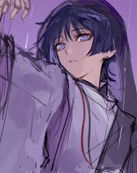 Rule 34 | 1boy, blunt ends, bright pupils, doll joints, expressionless, eyeliner, eyeshadow, genshin impact, hair between eyes, japanese clothes, joints, kariginu, layered sleeves, long sleeves, looking at viewer, makeup, male focus, parted lips, purple background, purple eyes, purple sleeves, purple veil, red eyeliner, red eyeshadow, scaramouche (genshin impact), scaramouche (kabukimono) (genshin impact), see-through clothes, see-through veil, sgm618, sketch, solo, string, tsurime, upper body, veil, white mouth, white pupils, white sleeves, wide sleeves