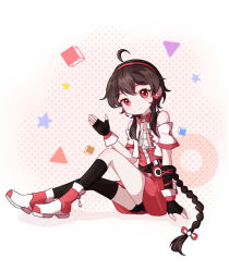 Rule 34 | asymmetrical legwear, bare shoulders, belt, bike shorts, black gloves, black hair, black socks, black thighhighs, boots, braid, brown belt, brown hair, closed mouth, dress, fingerless gloves, from side, full body, gloves, headphones, headset, highres, long hair, mole, multicolored boots, open clothes, open vest, pointzhu, red boots, red dress, red eyes, red headset, single braid, sitting, socks, solo, thighhighs, very long hair, vest, vocaloid, vsinger (vocaloid), white vest, yuezheng ling, yuezheng ling v3