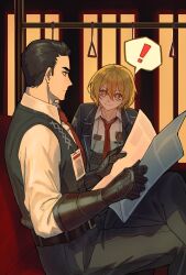 Rule 34 | !, 1boy, 1girl, black coat, black hair, black pants, black vest, blonde hair, coat, collared shirt, don quixote (project moon), gauntlets, green eyes, highres, holding, holding paper, killerohan, limbus company, long sleeves, looking at another, looking at viewer, meursault (project moon), necktie, pants, paper, project moon, red necktie, shirt, short hair, simple background, sitting, smile, standing, vest, white shirt, yellow eyes
